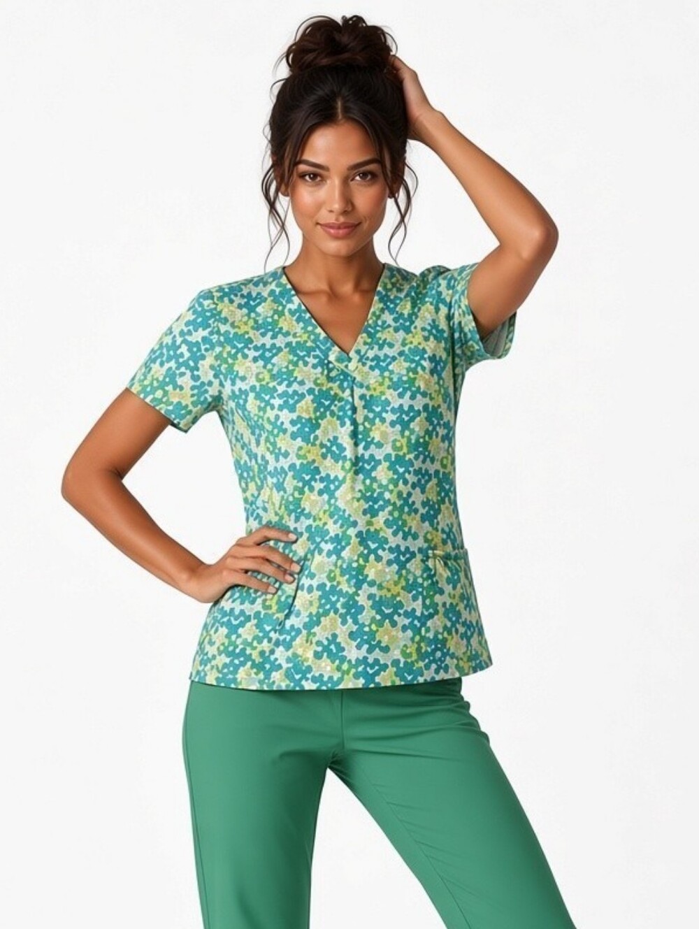 White Cross Women's V-Neck Scrub Top in Teal/Aqua Print, 2 Ruffle Pockets EUC M